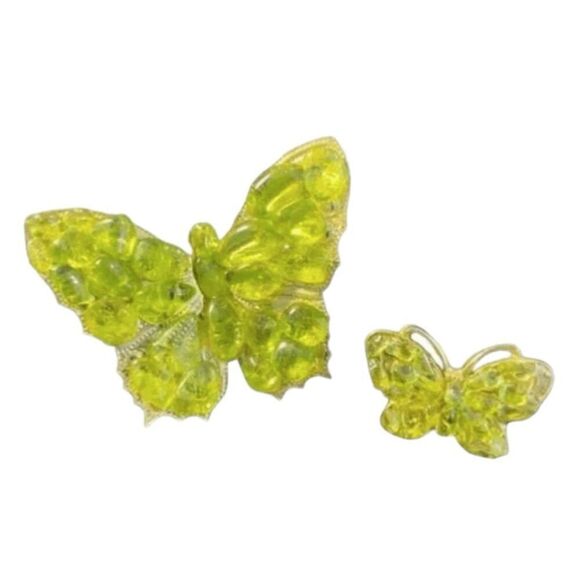 Vintage Butterfly Brooches Green Crystal Stone Gold Tone Metal Pins Set - Picture 1 of 3